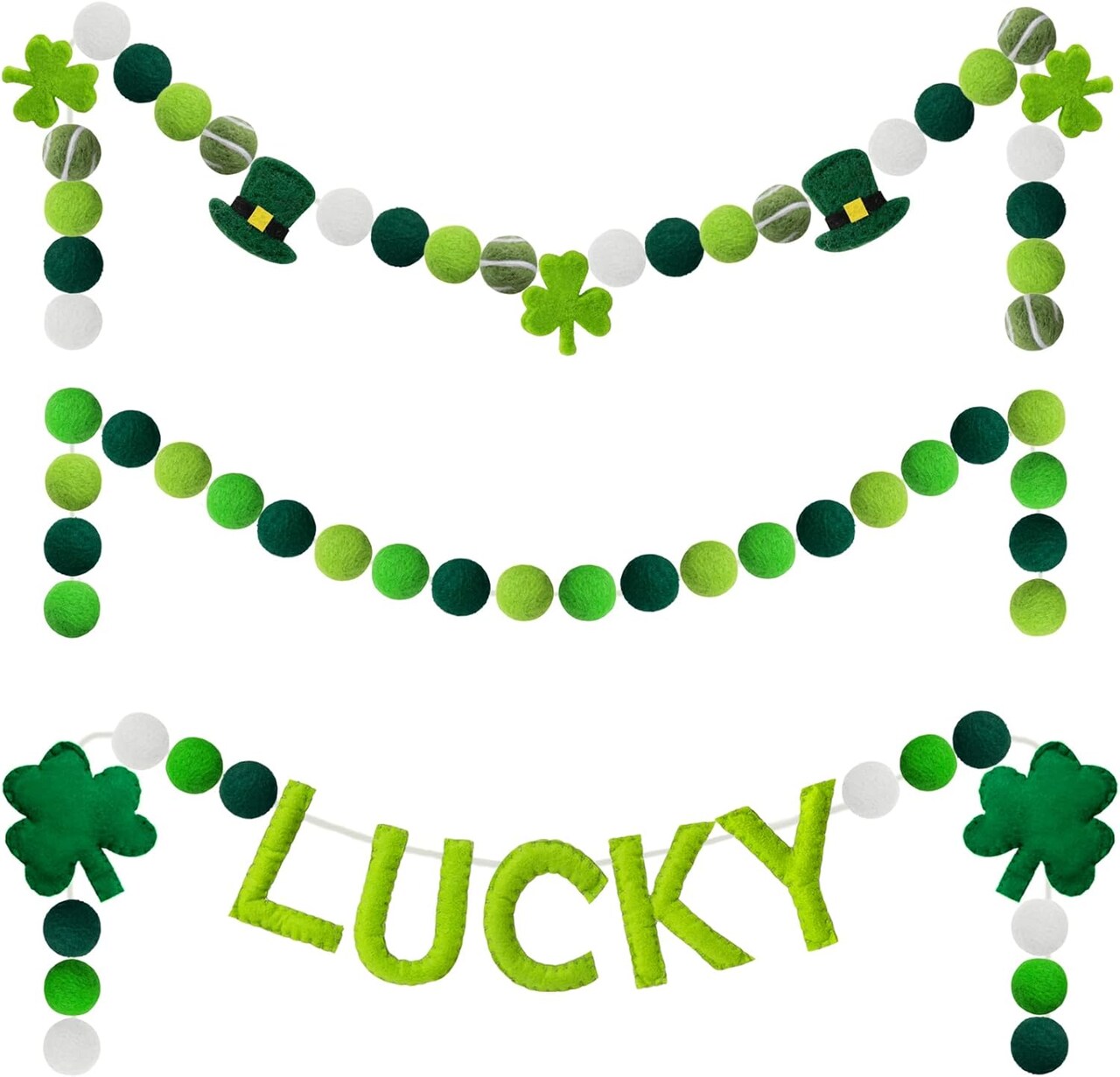 3 Pack St. Patrick's Day Felt Ball Garlands, 6.6 FT Lucky Pom Pom Shamrock Garlands, Green Felt Ball Garlands Banner, Irish Themed Party Favors for St. Patrick's Day Mantle Home Supplies Decorations